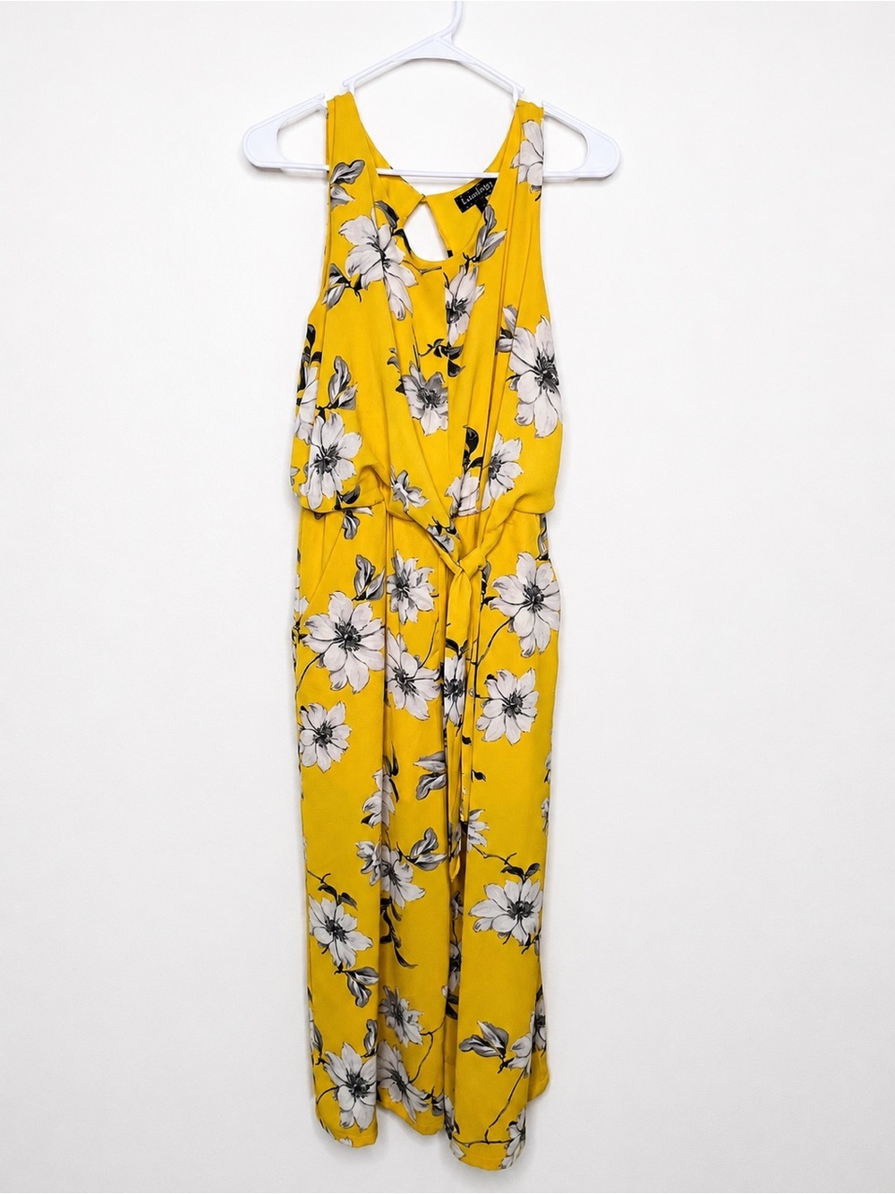 Luxology Yellow Floral Cropped Wide Leg Jumpsuit Tie Waist Size 10 - Picture 2 of 6